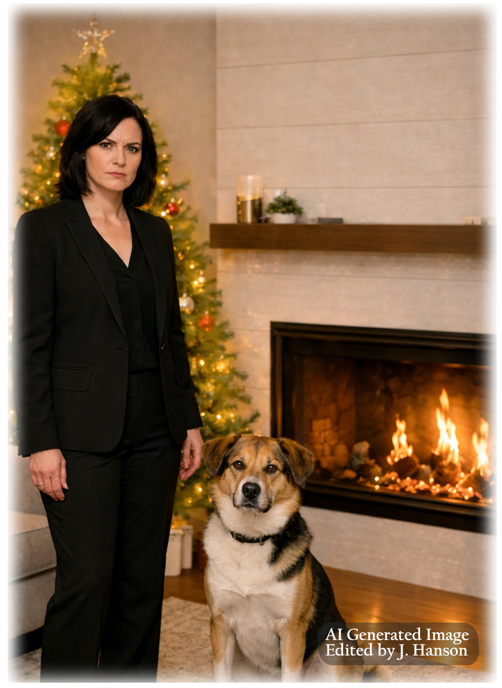 Two women and a dog posed in front of Christmas decorations