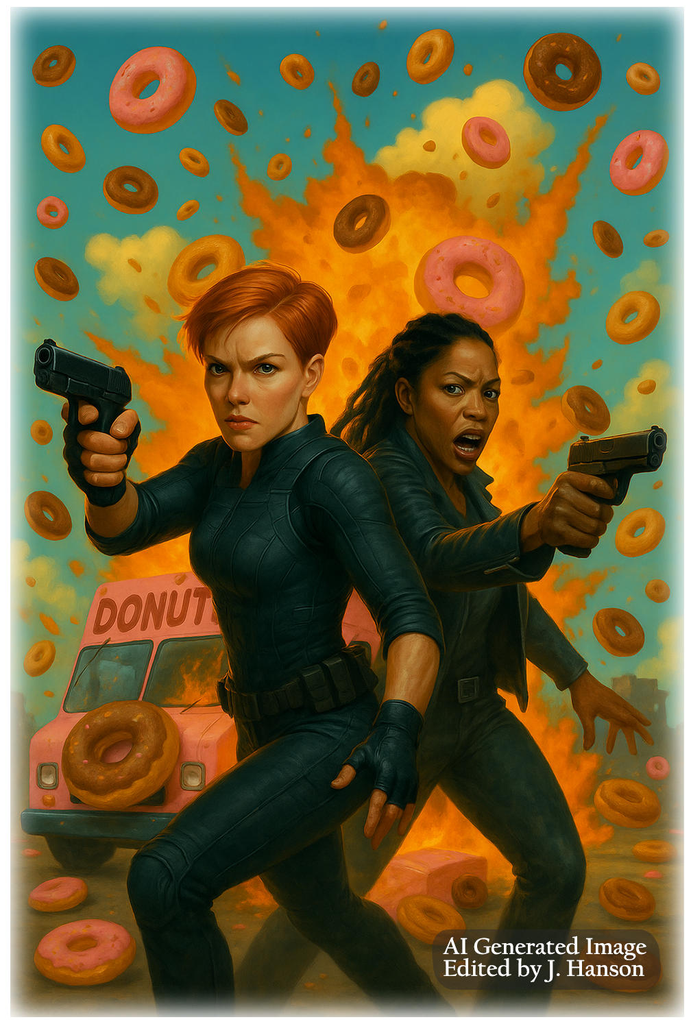 Two women in action with exploding donuts