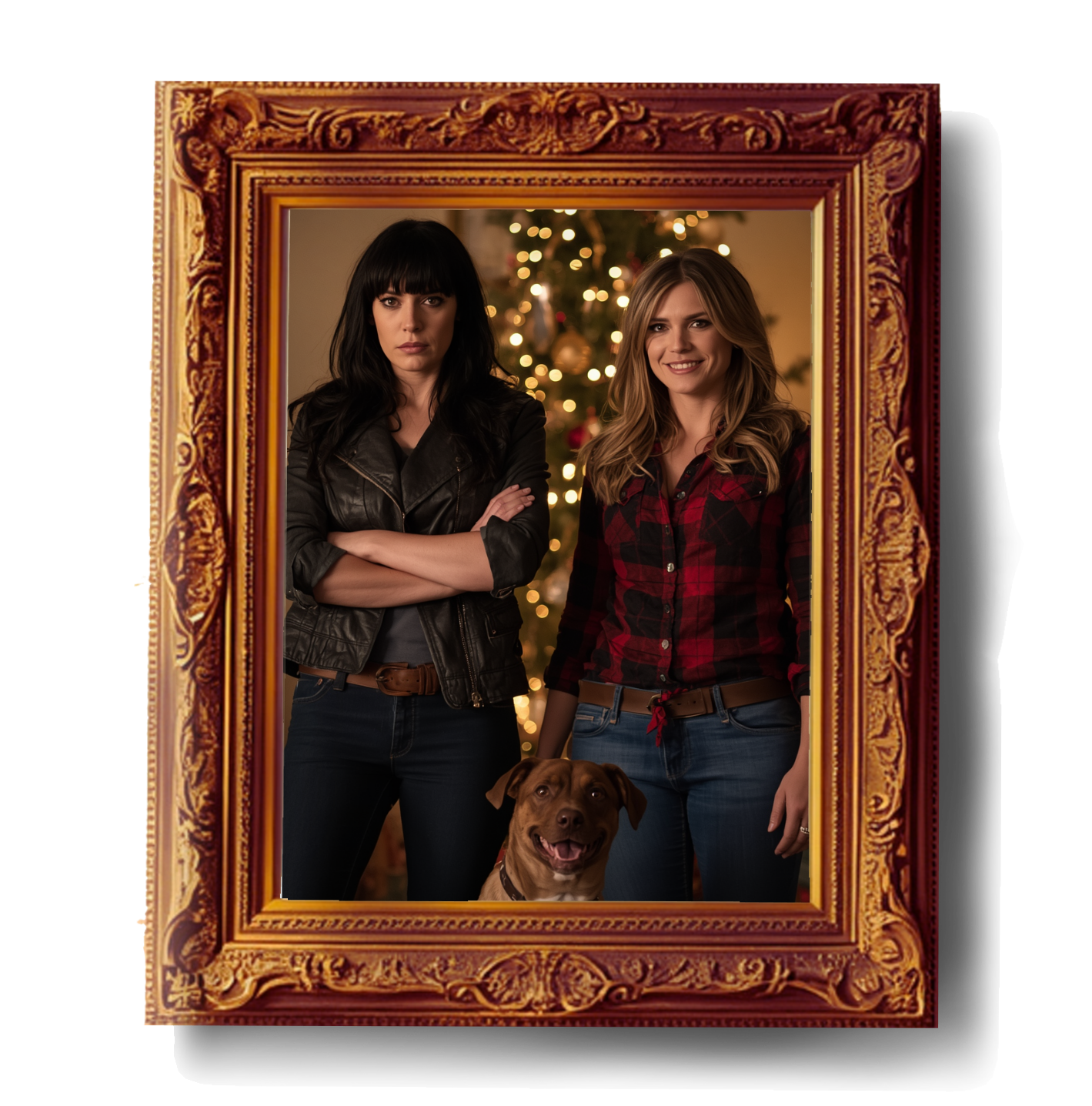 Two women and a dog posed
